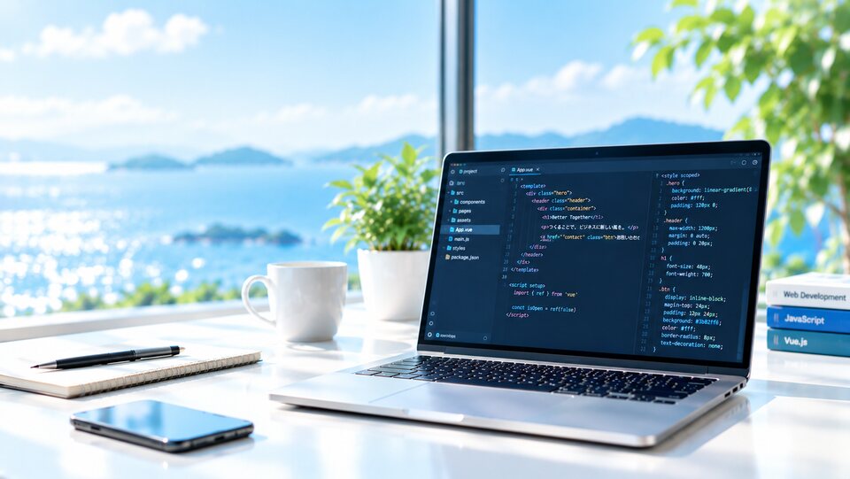 海の見えるデスクに置かれたノートPCに表示したソースコード