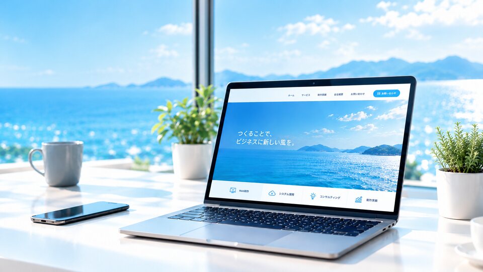 海の見えるデスクに置かれたノートPCに表示したWebサイト